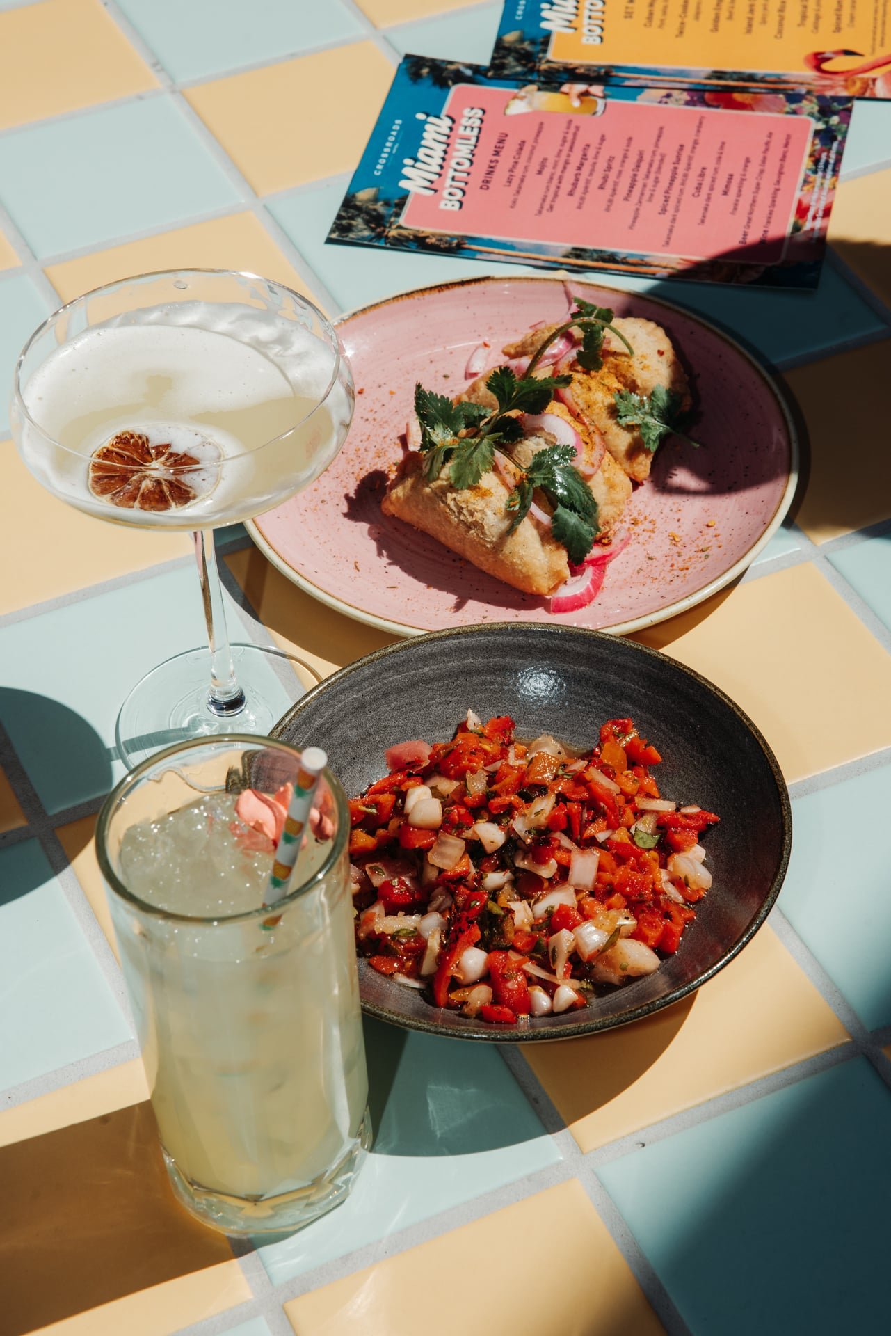 plates of food with cocktails
